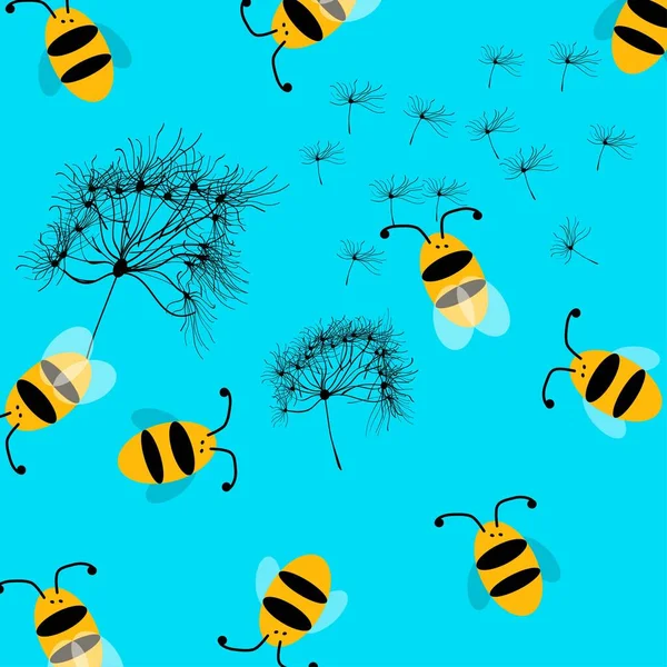 Ein Musterbild Mit Bienen Und Löwenzahn Auf Blauem Hintergrund — Stockfoto
