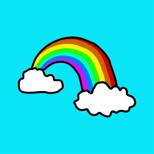 明るい青色の背景に画像の中央に虹と雲のシルエットが付いている絵 — ストック写真