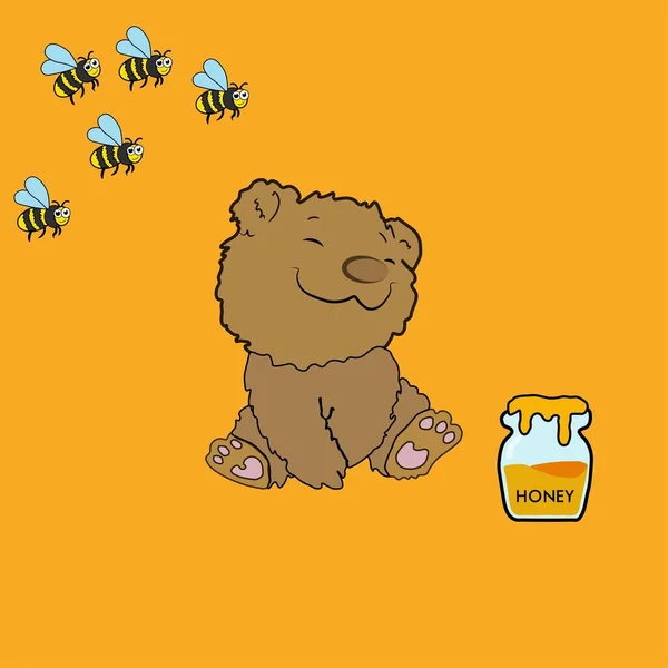 照片上的熊坐在一只空蜂蜜桶里 在橙色的背景上飞着蜜蜂 — 图库照片
