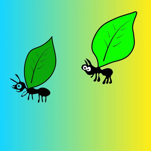 Sırtlarında Iki Yeşil Yaprak Taşıyan Iki Siyah Komik Karınca Resmi — Stok fotoğraf
