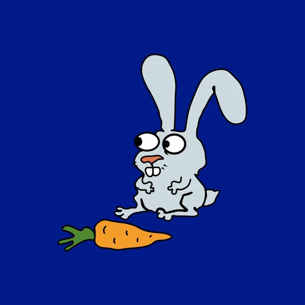 Картина Темно Синім Тлом Маленьким Світло Блакитним Кроликом Морквою Перед — стокове фото