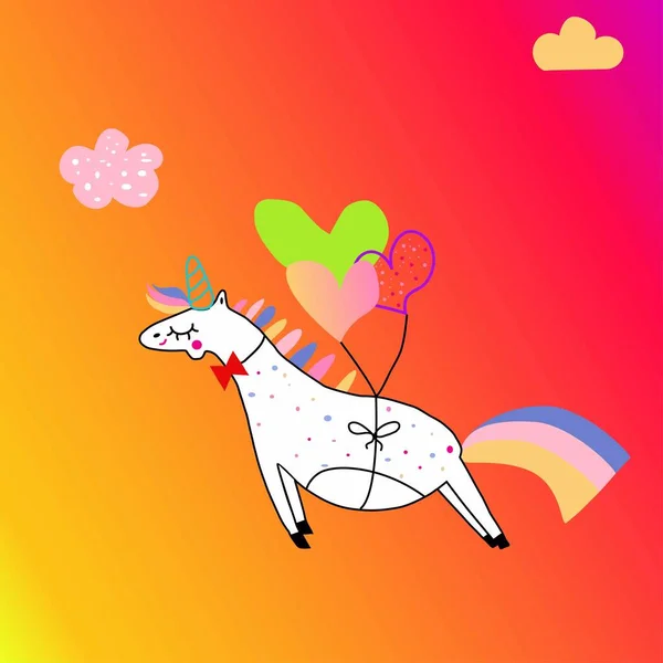 An image of a cartoon unicorn with colorful balloons on a gradient background