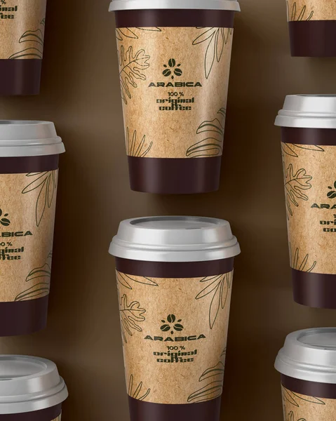 An illustration showing a premium coffee brand paper cup with a white lid on a neutral coffee brown background.