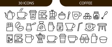 Kahveyle ilgili 30 ikondan oluşan bir koleksiyon. Kahve fincanları, tencere, fasulye ve aksesuarlar dahil. Basit çizgi sanat tarzı, çeşitli tasarım projeleri için uygun.