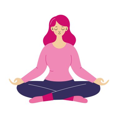 Pembe saçlı genç bir kadın bacak bacak üstüne atarak meditasyon yapar. Pembe bir bluz ve koyu bir pantolon giyiyor, sükunet ve farkındalık simgeliyor..
