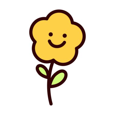 Gülümseyen yüzlü, yeşil yapraklı ve kahverengi saplı neşeli sarı bir çiçek. Tasarım basit ve çizgi film gibi, çocuk temaları için ideal..