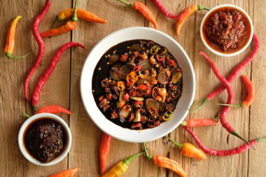 Sambal Terasi, Sambal Kecap, Sambal Pedas is chili sauce. Indonesian food.
