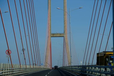 Surabaya, Indonesia. June 19, 2019. View of Suramadu Bridge from inside the car. This bridge connects Java Island with Madura Island, East Java Province. Indonesian landscape. Indonesian city 
