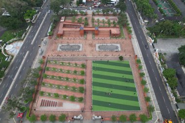 Majalengka, Indonesia - May 8, 2022: aerial view of Majalengka city center. Football field in the courtyard of the Al Imam Grand Mosque. Masjid Agung Al Imam Majalengka.