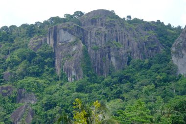 Rock formations in the ancient Nglanggeran volcano overgrown by green trees typical of the tropics. 
