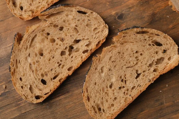Closeup Sliced Rustic Rye Sourdough Bread Natural Yeast Fermentation Brown — Stock Photo, Image
