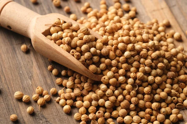 Kişniş otu Apiaceae familyasından yıllık bir bitkidir. Dhania ya da kişniş olarak da bilinir. Coriandrum sativum. Ahşap masada kişniş. Tahta kaşık.