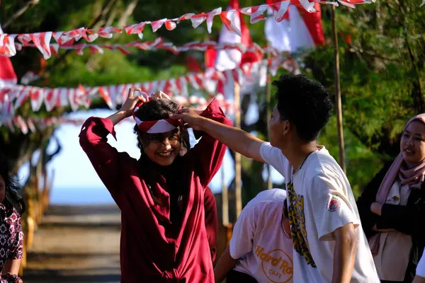 Stock image Yogya, Indonesia. August 13, 2023. Lomba Balap Karung or Sack race competition is a competition in commemoration of Indonesia's independence day. students take part in the August 17 competition.