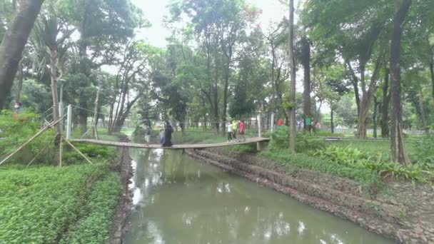 Menschen Überqueren Eine Hängebrücke Einem Öffentlichen Park Mit Bäumen Und — Stockvideo