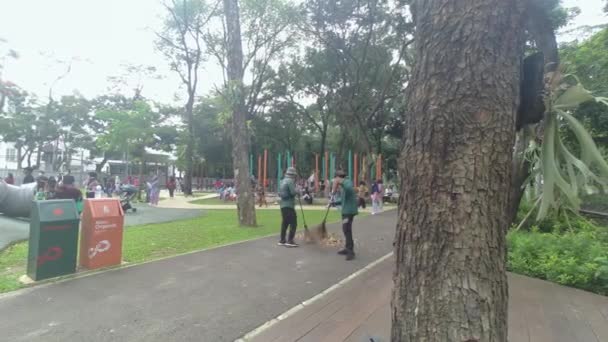 Woźni Zamiatający Liście Parku Publicznym Tłumem Ludzi Tle — Wideo stockowe