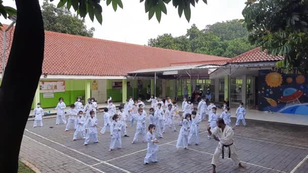 Grupo Niños Asiáticos Practicando Karate Campo Escolar Yakarta — Vídeos de Stock