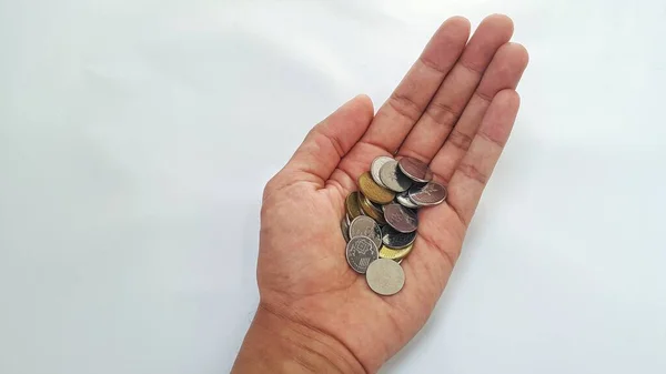 Montón Monedas Ringgit Malasia Palma Con Fondo Blanco —  Fotos de Stock