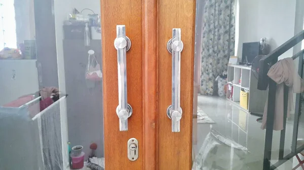 Glass Door Wooden Frame Closed Door Home Interior Background — Stock Photo, Image