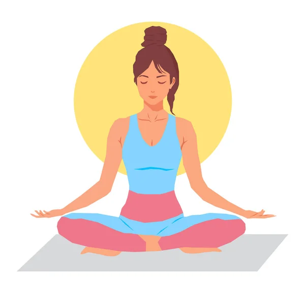 Yoga yapan genç bir kadın. Lotus pozunda oturan bir kadın. Vektör illüstrasyonu.