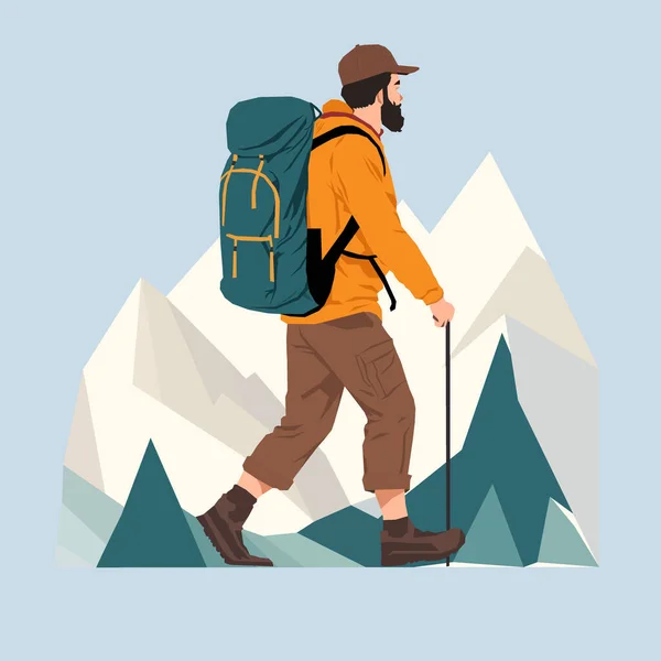 Homem Caminhando Montanhas Com Equipamento Ilustração Vetorial —  Vetores de Stock