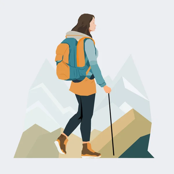 Jovem Caminhando Montanhas Com Equipamentos Ilustração Vetorial — Vetor de Stock