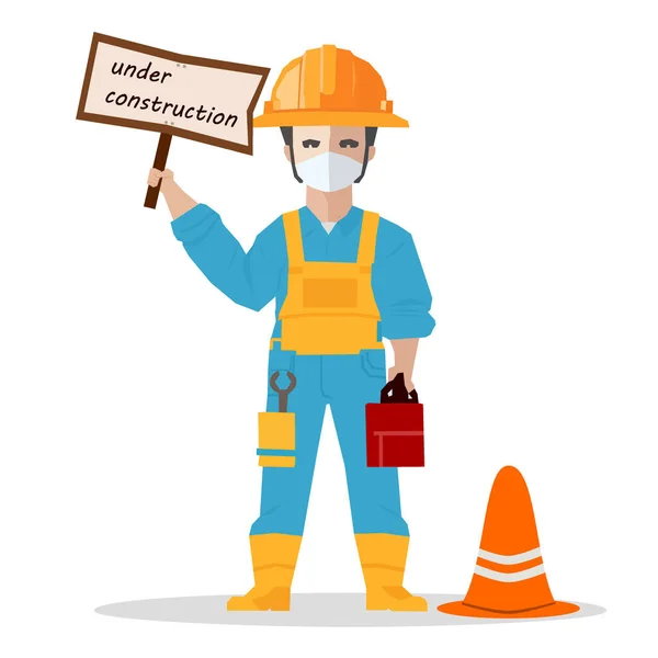 Bauarbeiter Hält Unter Bauschild Vektor Illustration — Stockvektor