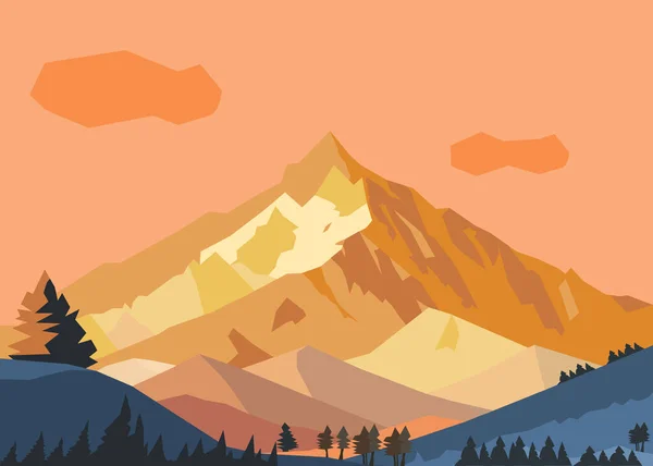 Мирный Теплый Закат Солнца Над Горами Векторная Иллюстрация Леса Путешествия — стоковый вектор