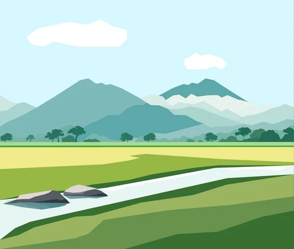Schöne Reisfelder Landschaft Mit Bergen Und Flussvektorillustration — Stockvektor
