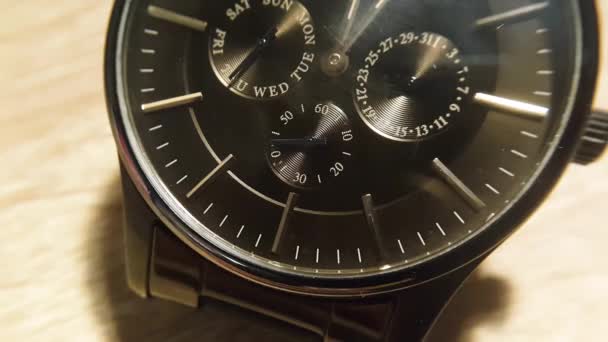 Mens Czarny Chronograf Zegarek Wykonany Metalu Zbliżenie Makro Wideo — Wideo stockowe