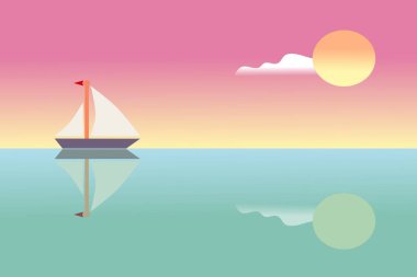 Denizin ortasında dolunay vektör çiziminin önünde giden bir yelkenli. Güzel deniz manzarası.