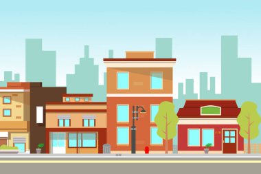 Şehir peyzaj vektör çizimi. Düz dizaynlı Summer City manzarası. Gökdelenler, yollar, ağaçlar ve şehir binalarıyla modern şehir arka planı.