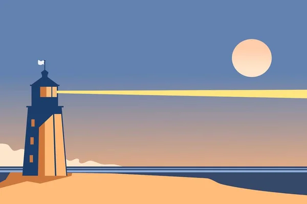 Маяк Ночью Набережной Векторной Иллюстрации Морской Пейзаж Освещением Маяка Закате — стоковый вектор