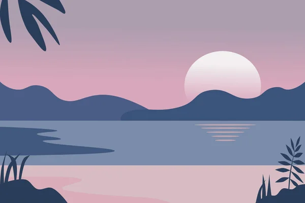 A pink tropical beach panoramic landscape vector illustration. Sunset or sunrise at the beach.