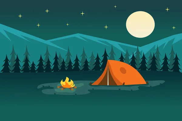 Camp Nuit Forêt Avec Tente Feu Joie Montagnes Pleine Lune — Image vectorielle
