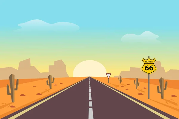 砂漠の道に アスファルトハイウェイ 交通標識 漫画スタイルのカクタスの砂漠の風景のベクトルイラスト — ストックベクタ