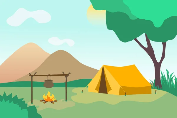 Camp Été Forêt Avec Tente Feu Joie Montagnes Arbres Soleil — Image vectorielle