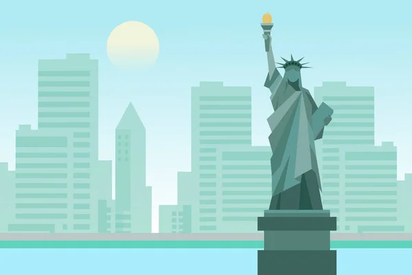 Sabah New York Şehrinin Tasviri Binaların Vektör Manzarası Özgürlük Anıtı — Stok Vektör
