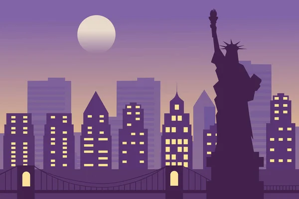 夜のニューヨークのイラスト 建物のベクトル風景と自由の女神 — ストックベクタ