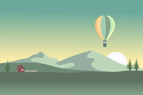 Sommerlandschaft Mit Fliegenden Heißluftballons Vector Cartoon Illustration Der Landschaft Mit — Stockvektor