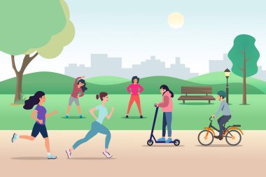 Park aktiviteleri. Açık hava sporları ve sağlıklı yaşam tarzı, insanlar koşuyor, bisiklete biniyor, egzersiz yapıyor ve koşuyor..