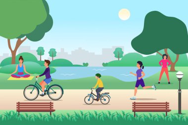 Park aktiviteleri. Açık hava spor antrenmanı ve sağlıklı yaşam tarzı, insanlar koşuyor, bisiklete biniyor, egzersiz yapıyor, yoga yapıyor ve koşuyor..