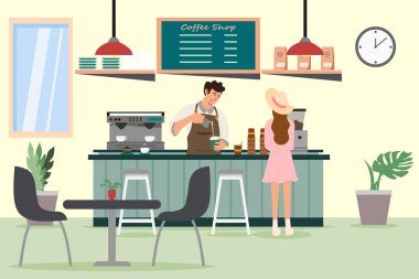 Kahve dükkanında bir garson ve bir müşteriyle. Bir kafenin içinde. Kahve yapan bir barista..