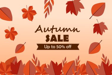 Sonbahar indirimi arka planı, afiş, poster ya da el ilanı tasarımı. Güzel yapraklı vektör illüstrasyonu% 50 'ye kadar indirimli çerçeve ve metin.