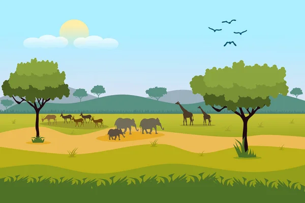 Afrikaanse Savanne Bos Landschap Illustratie Met Giraf Hert Olifant Vogel — Stockvector