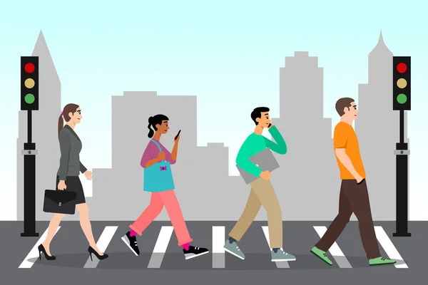 Ludzie Przechodzący Przez Deptak City Flat Cartoon Vector Ilustracja Ludzie — Wektor stockowy