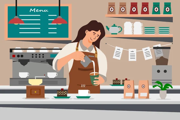 Barista denen kadın tezgahın üzerinde kahve yapıyor. Kadın barista, el yapımı bira damlatan kahve ve aksesuarlar, önlük giyme, iç dekorasyon, modern düz vektör çizimleri..