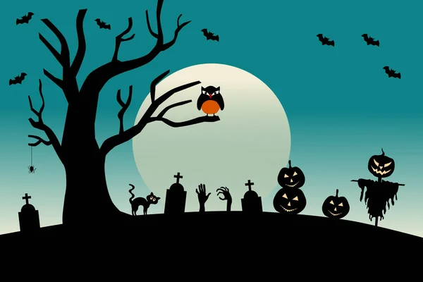 Halloween Pełnia Księżyca Tło Nocy Sowa Dynie Stracha Wróble Nagrobek — Wektor stockowy