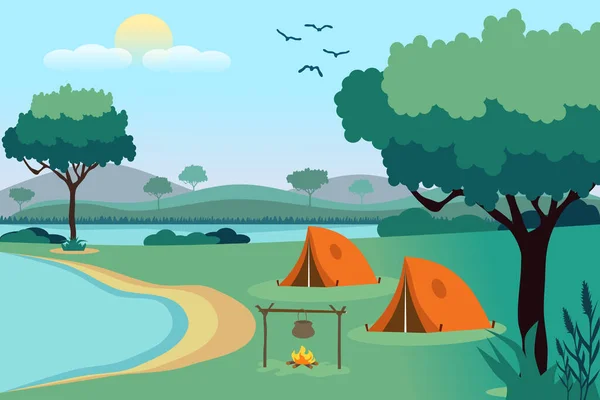 Летний Лагерь Лесу Палаткой Костром Горы Дерево Озеро Солнце Заднем — стоковый вектор
