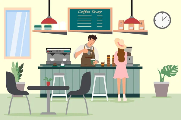 Kahve dükkanında bir garson ve bir müşteriyle. Bir kafenin içinde. Kahve yapan bir barista..
