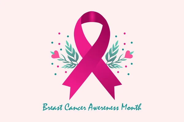 乳がん認知バナーイラスト ピンクのリボン そしてハートの愛 ヘルスケアキャンペーン — ストックベクタ